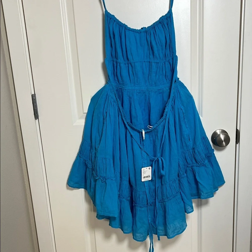 Free People Tropical Blue Ruffled Mini Dress Large
